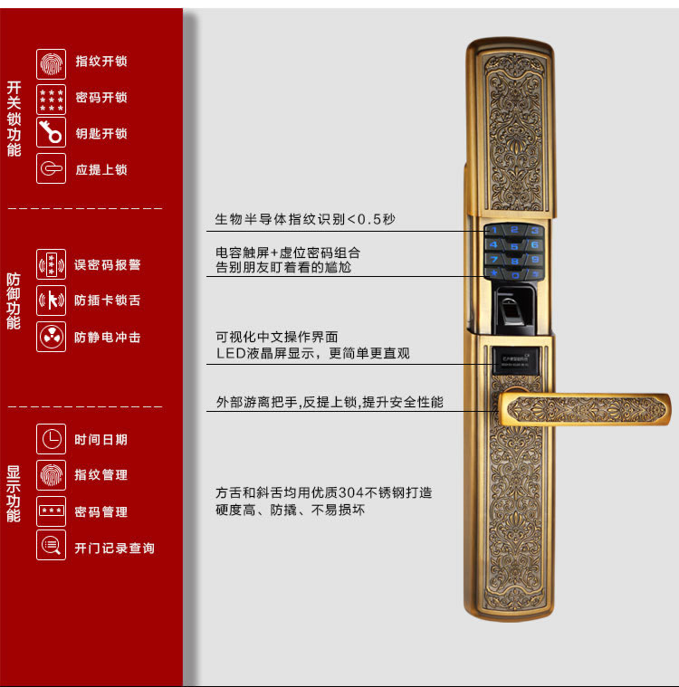 玉蛟龍智能門鎖 智能鎖防窺視輸入、半導(dǎo)體/光學(xué)指紋傳感器