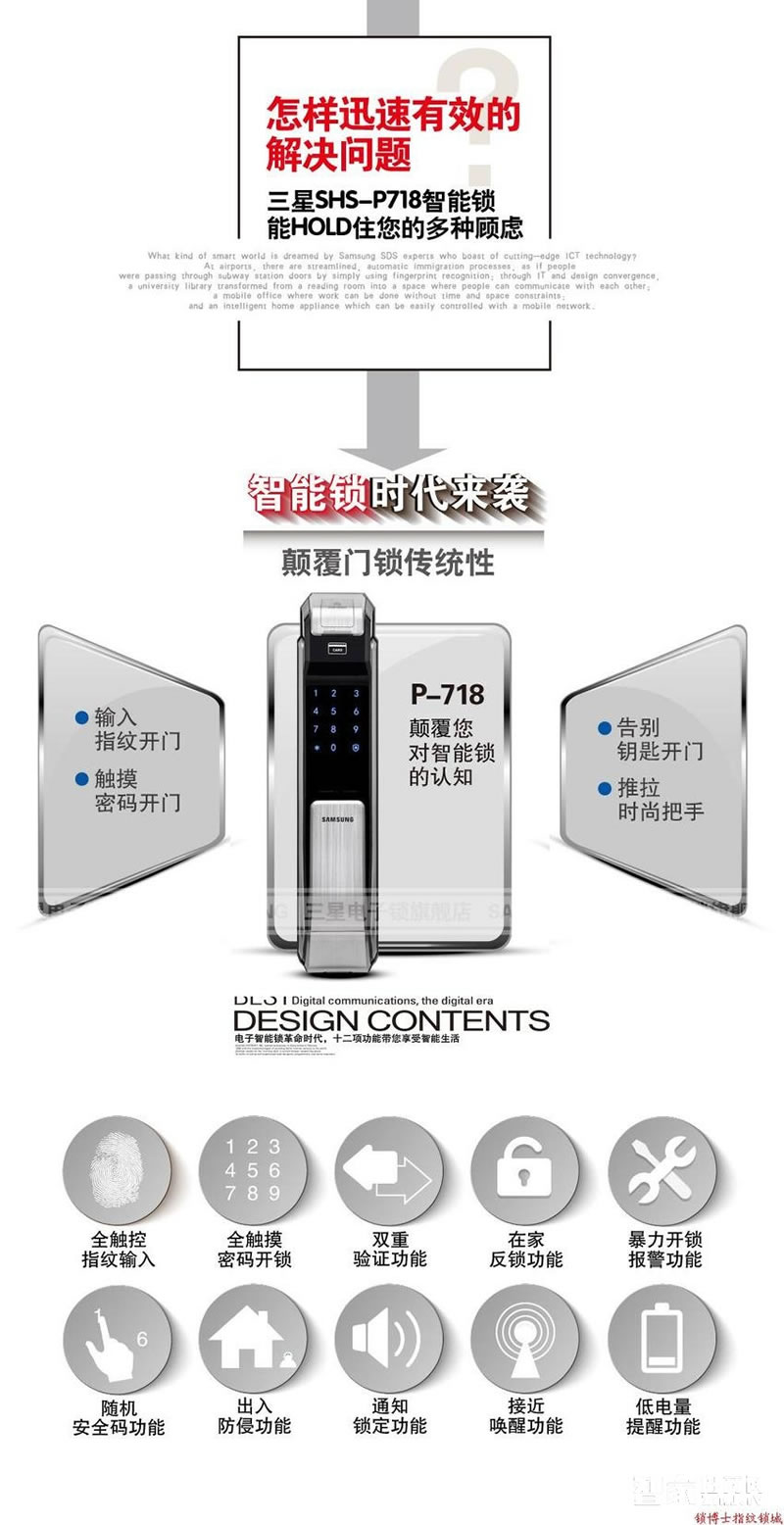 三星全自動指紋鎖 推拉式智能鎖 家用防盜門鎖