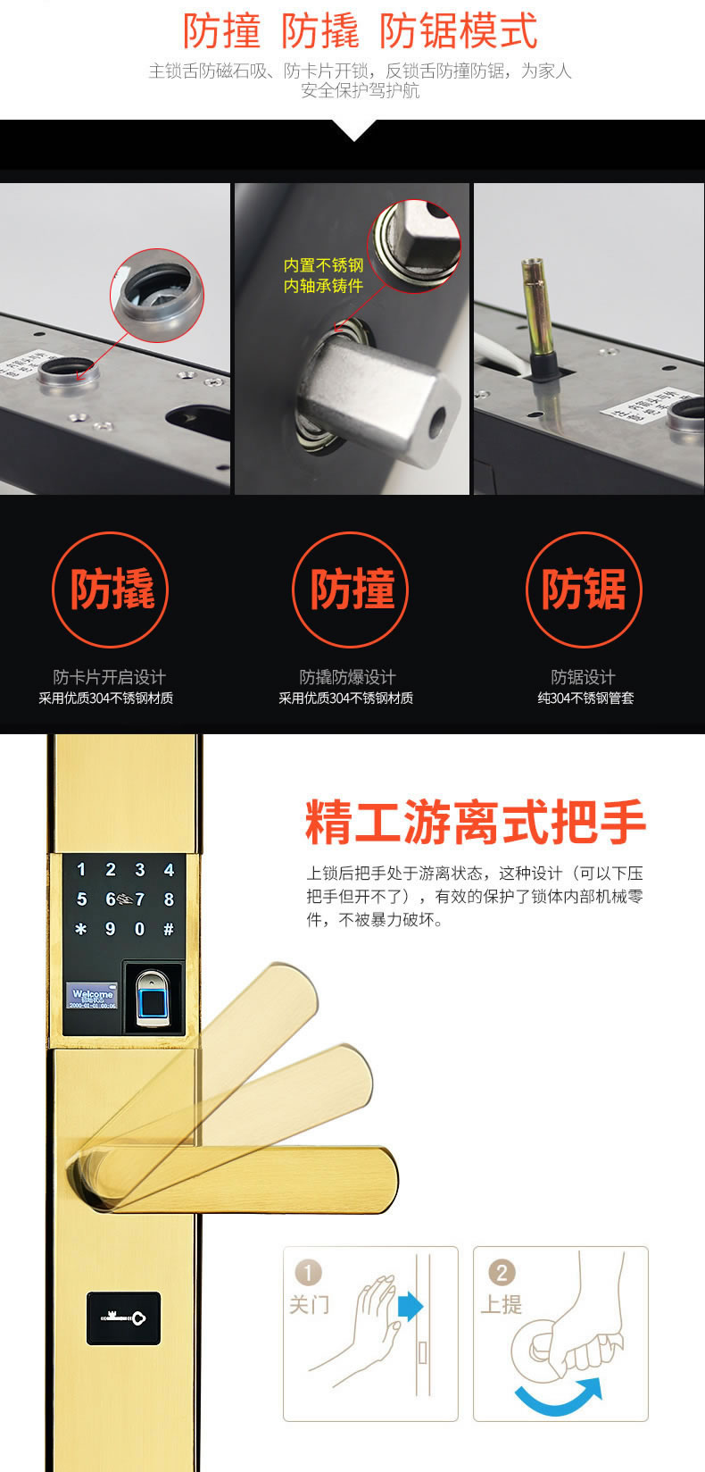 帥榮不銹鋼指紋鎖 家用智能鎖 滑蓋智能鎖