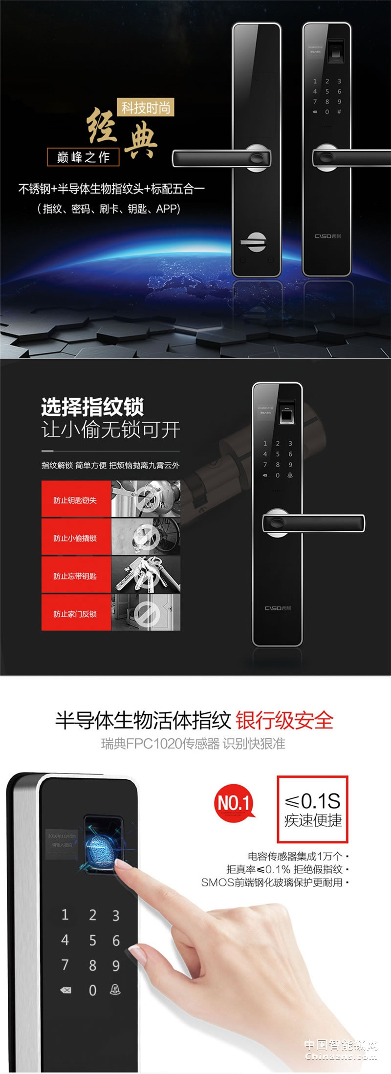 西巢不銹鋼指紋鎖 RSDXC-QS636 刷卡磁卡感應(yīng)