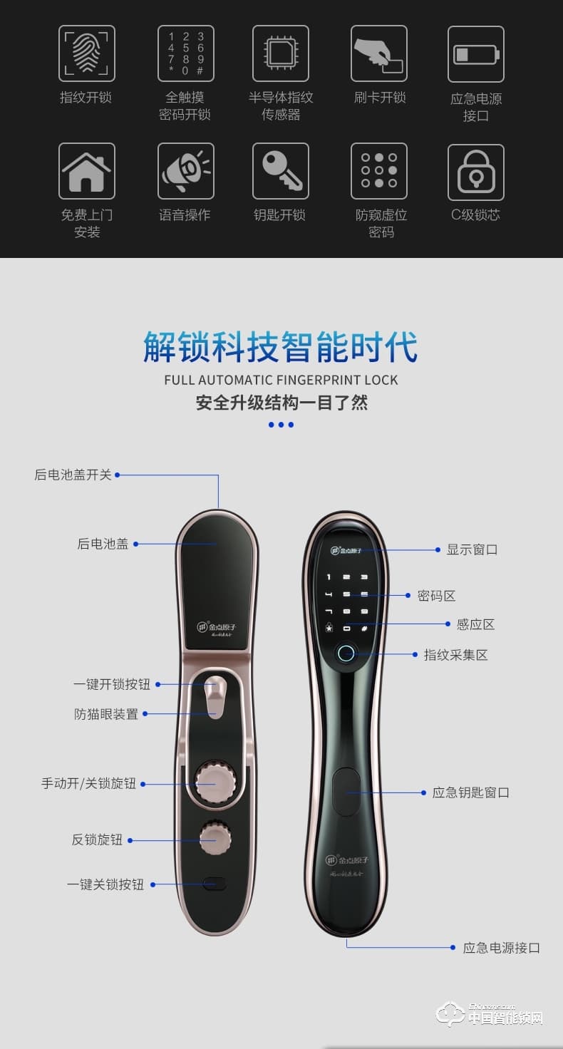 金點原子指紋鎖 全自動指紋鎖防盜門智能鎖