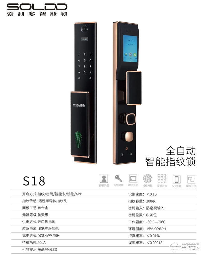 索利多智能鎖 S18全自動(dòng)貓眼防盜門指紋鎖