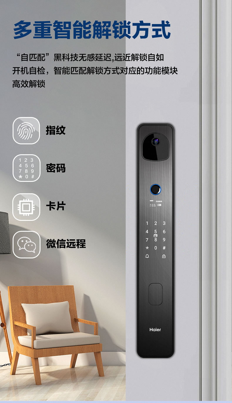 海爾智能鎖28V可視貓眼指紋鎖家用防盜門密碼鎖V28