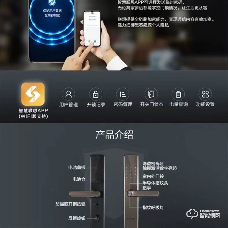 聯想E2智能指紋鎖 家用防盜門電子密碼鎖