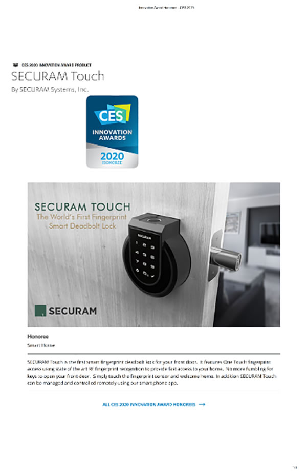 東屋.世安SECURAM TOUCH智能鎖榮獲2020CES展會創新獎 東屋.世安SECURAM TOUCH智能鎖榮獲2020CES展會創新獎